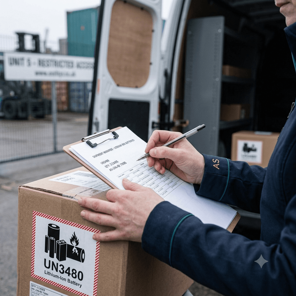 Arlington and Stone driver checking a UN3480 dangerous goods shipping label