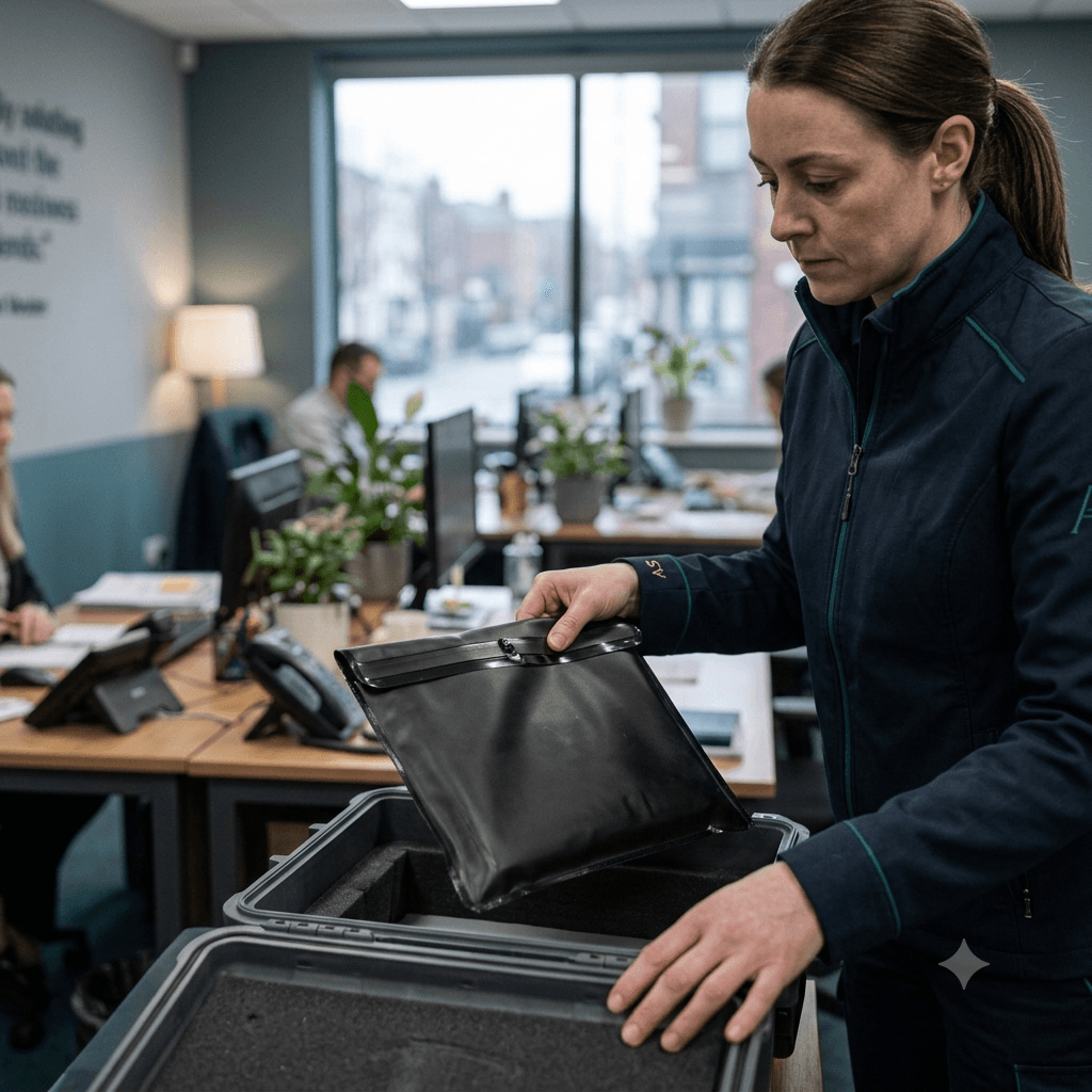 Arlington and Stone driver preparing a document wallet for embassy delivery