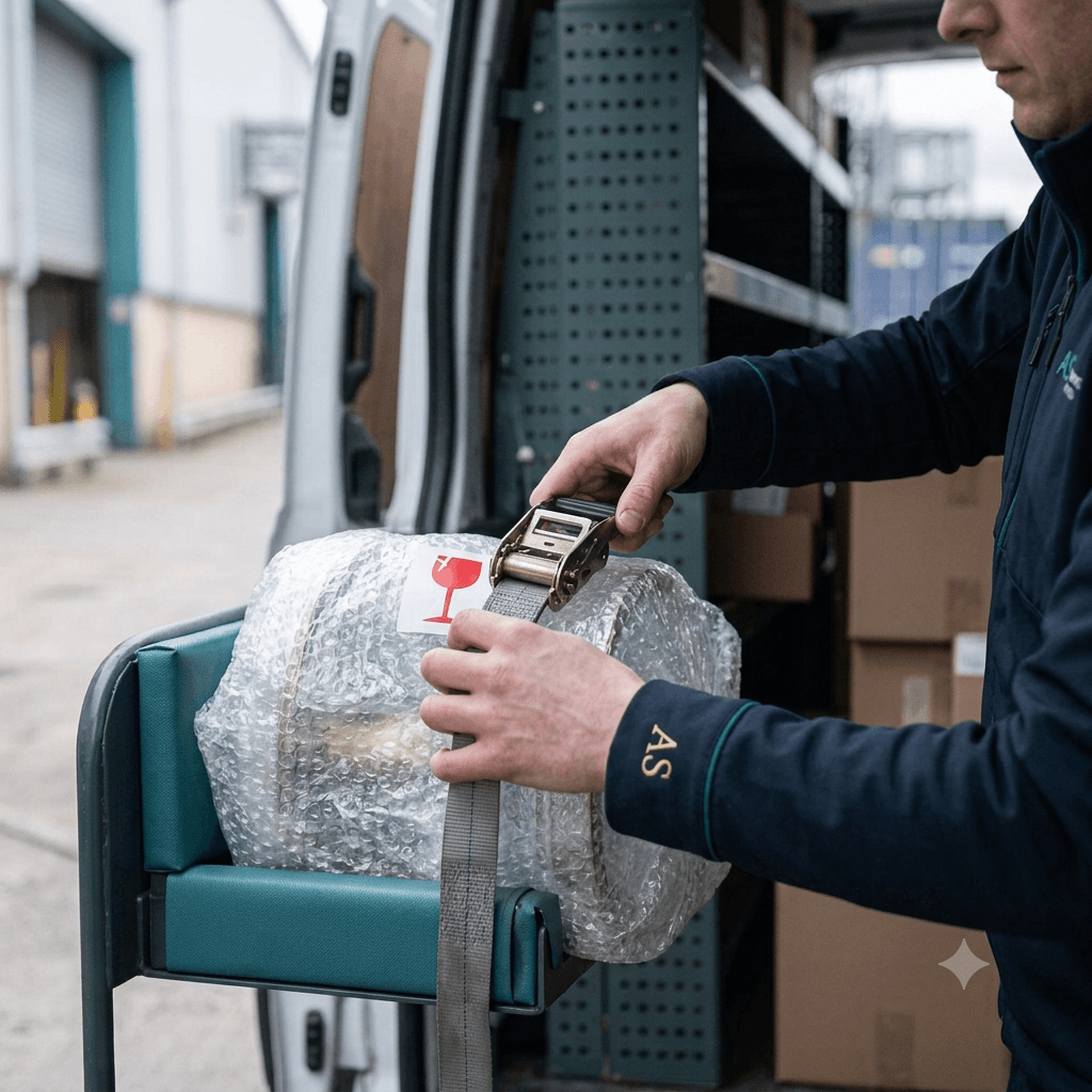 Arlington and Stone driver strapping a fragile item securely in transit