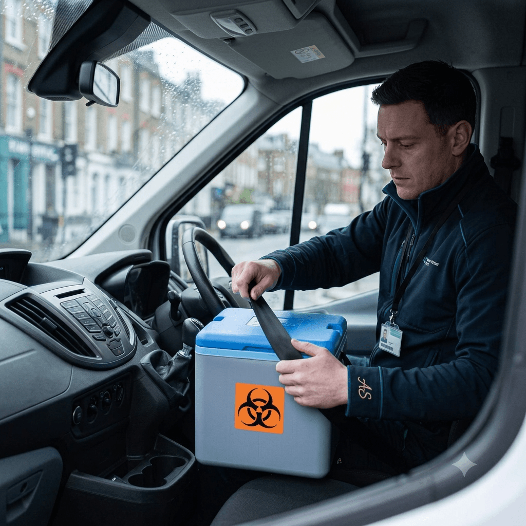 Arlington and Stone driver securing a medical sample cool box in transit