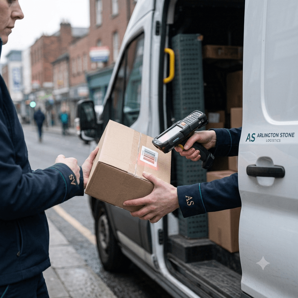 Arlington and Stone driver scanning a parcel at handover