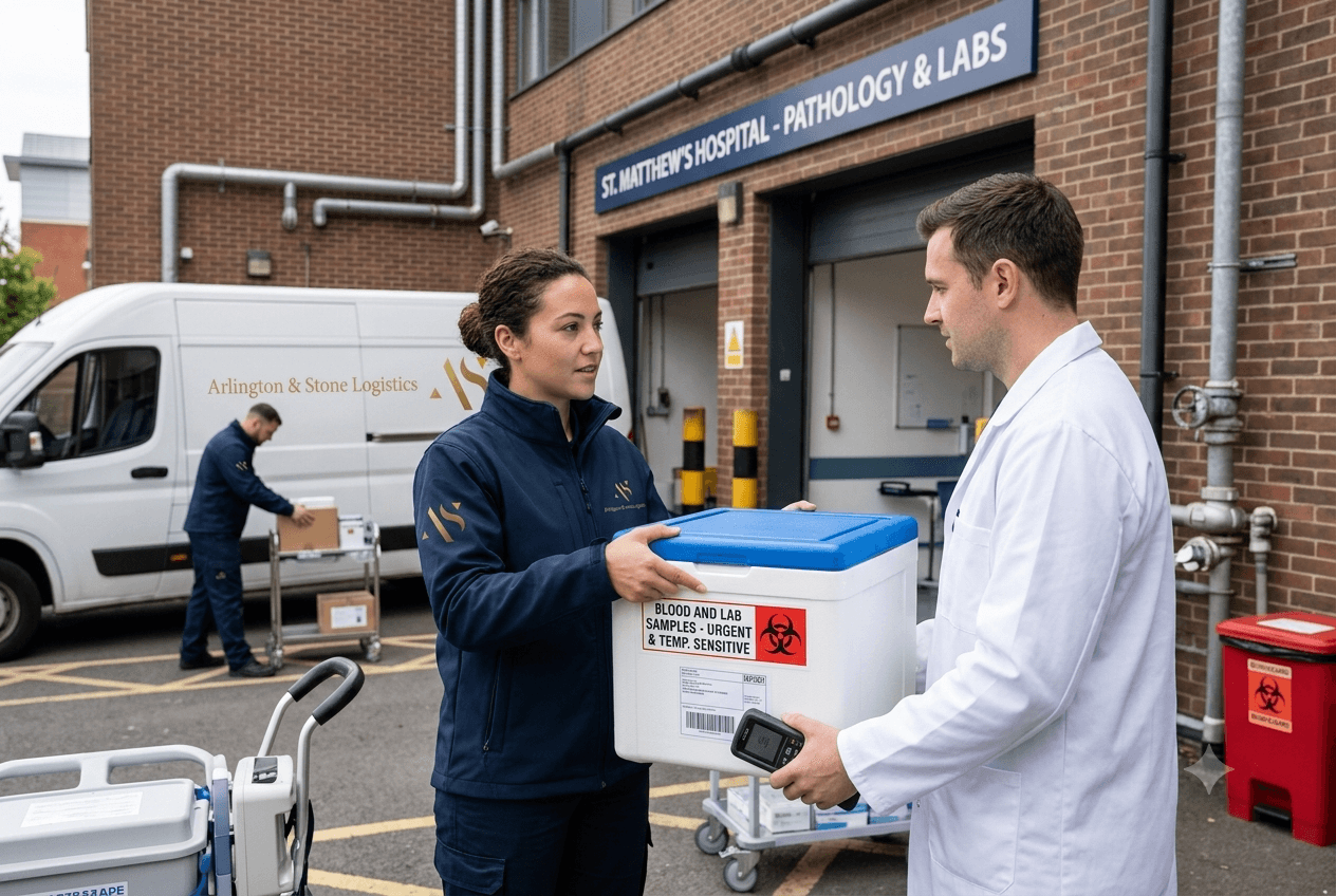 Arlington and Stone driver handing over a blood and lab sample box outside a hospital pathology department