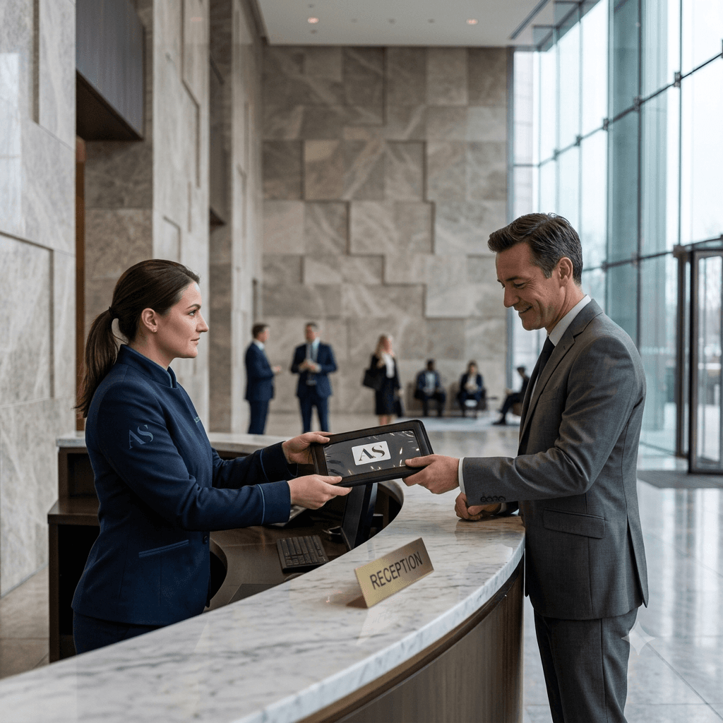 Arlington and Stone courier handing a sealed document wallet to a reception desk