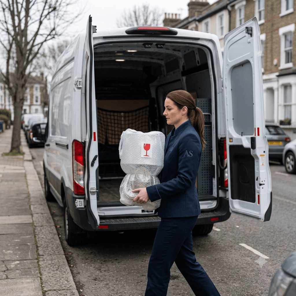Arlington and Stone courier carrying a bubble-wrapped fragile item to the delivery van