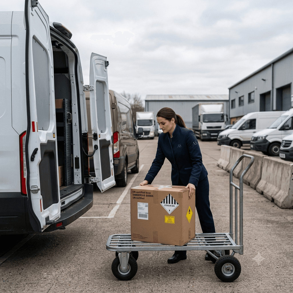 Arlington and Stone courier loading a UN-certified dangerous goods box for lithium battery transport