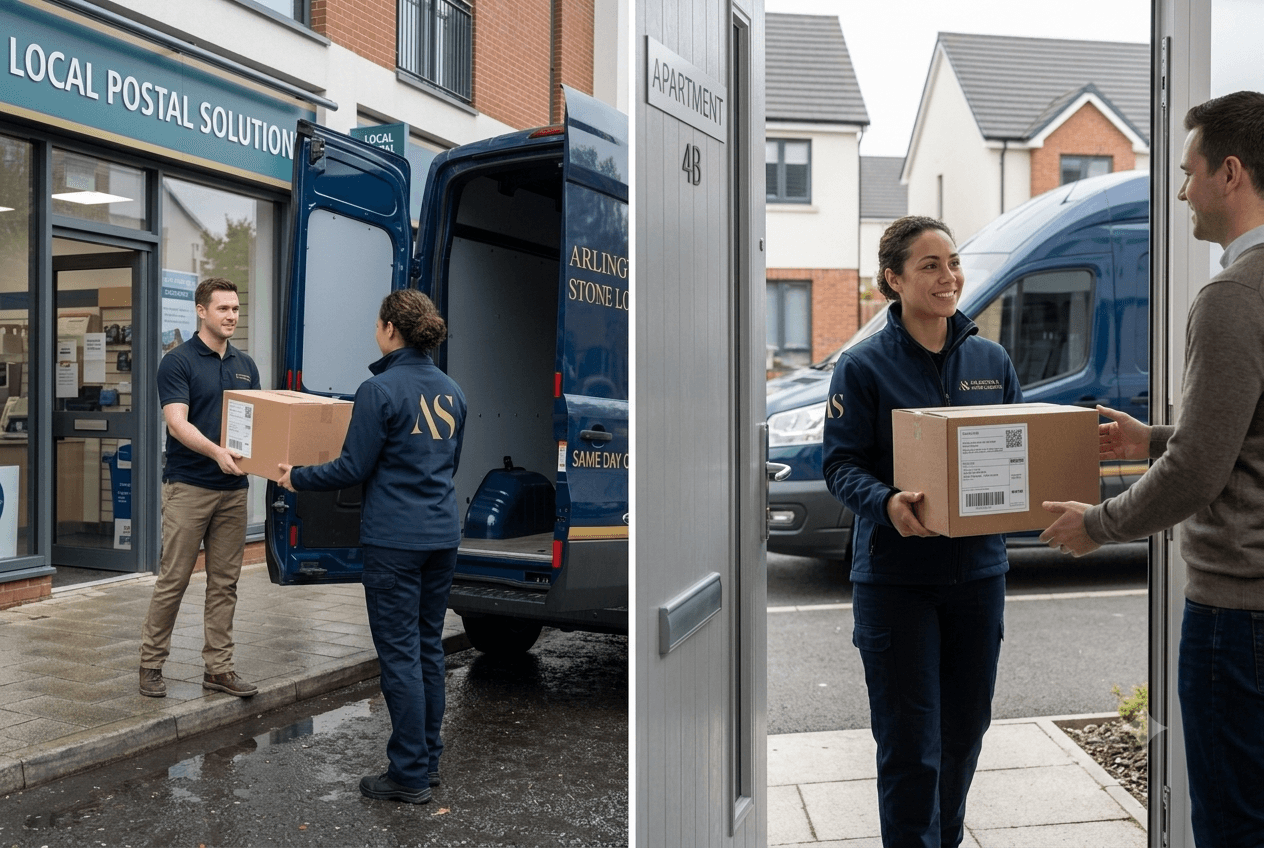 Arlington and Stone driver handing a parcel to a customer at their front door