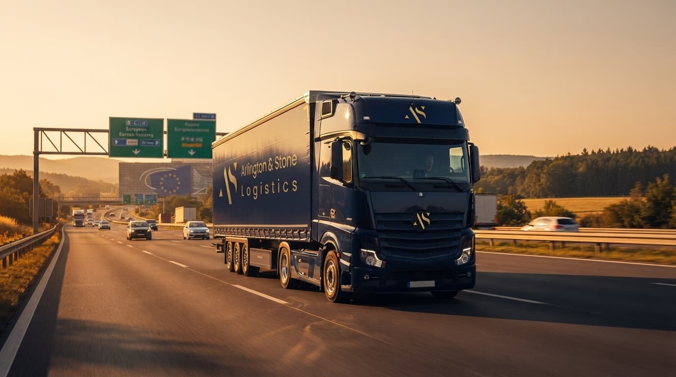 Arlington and Stone haulage truck on a motorway heading toward Europe